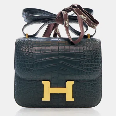 Pre-owned Hermes Vert Cypress Alligator Constance 18 Bag In Black