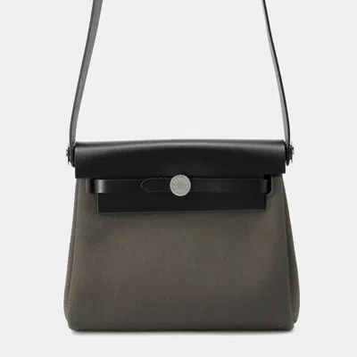Pre-owned Hermes Vert De Gris/black Toile Military Vache Hunter Leather Mini Herbag Zip