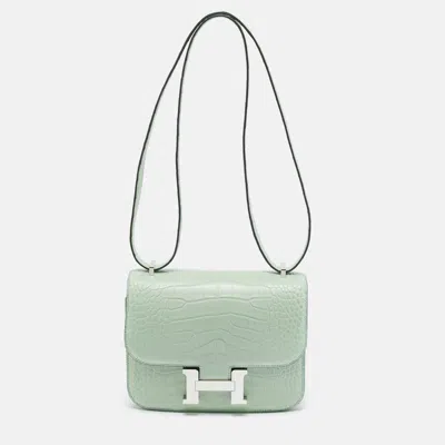 Pre-owned Hermes Vert D'eau Matte Alligator Palladium Finish Constance 18 Mini Bag In Green