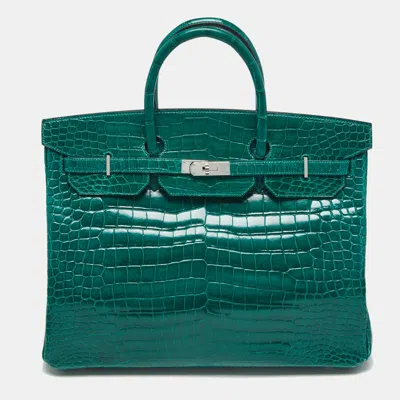 Pre-owned Hermes Vert Emeraude Shiny Crocodile Porosus Palladium Finish Birkin 40 Bag In Green