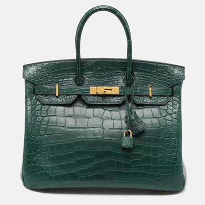 Pre-owned Hermes Vert Fonce Matte Alligator Gold Finish Birkin 35 Bag In Green