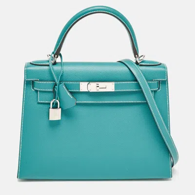 Pre-owned Hermes Hermès Vert Jade/gris Perle Epsom Leather Palladium Finish Kelly Sellier 28 Bag In Green