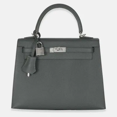 Pre-owned Hermes Vert Mangrove Epsom Sellier Kelly 25 Shw In Gray