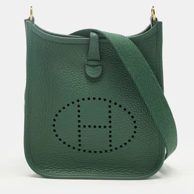 Pre-owned Hermes Vert Moyen Taurillon Clemence Leather Evelyne Tpm Bag In Green
