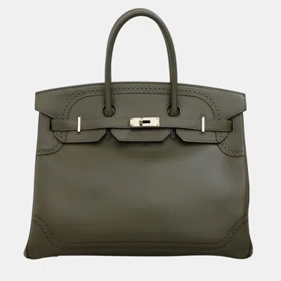 Pre-owned Hermes Vert Veronase Tadelakt Leather Birkin 35 Ghillies Bag In Black