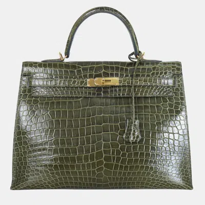 Pre-owned Hermes Vert Véronèse Shiny Alligator Kelly 35 Bag In Black