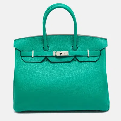 Pre-owned Hermes Vert Vertigo/vert Fonce Taurillon Clemence Palladium Finish Birkin 35 Bag In Green