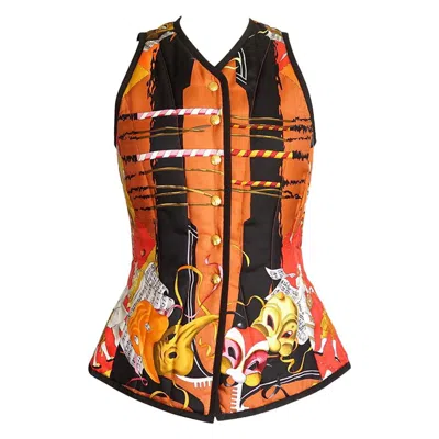 Pre-owned Hermes Vest Carnavale De Venise Scarf Print Exquisite Shape Vintage 38 / 4 In Orange