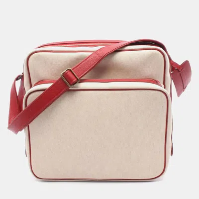 Pre-owned Hermes Victoria Beige Red Toile H Clemence Leather Shoulder Bag In Sand