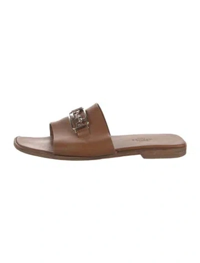 Pre-owned Hermes Villa Leather Slides In Brown