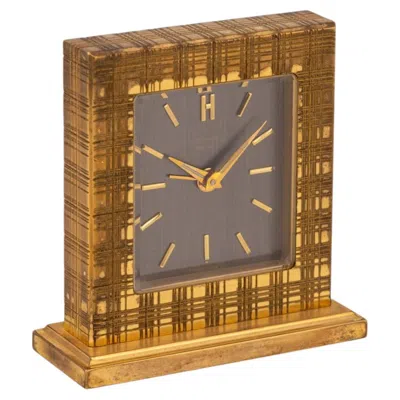 Pre-owned Hermes Vintage 20th Century Hermès Gilt Brass Swiss Made Desk Clock C.1960 In Brown