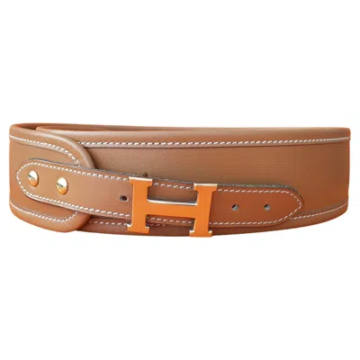 Pre-owned Hermes Hermès Vintage Belt In Golden Leather And Golden H Buckle Size 80 In Brown