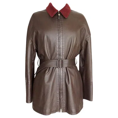 Pre-owned Hermes Vintage Brown Leather Jacket With Bordeaux Lined Cashmere / Wool 38 / 6