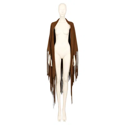 Pre-owned Hermes Vintage Camel Triangle Cashmere-and-wool Shawl With Leather Fringes In Brown