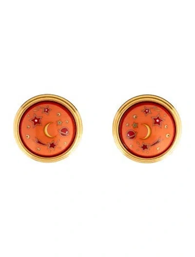 Pre-owned Hermes Vintage Enamel Clip-on Earrings In Black/brown/gold