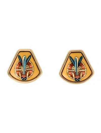 Pre-owned Hermes Vintage Enamel Clip-on Earrings In Blue/gold/orange