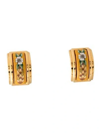 Pre-owned Hermes Vintage Enamel Clip-on Earrings In Brown/gold/green