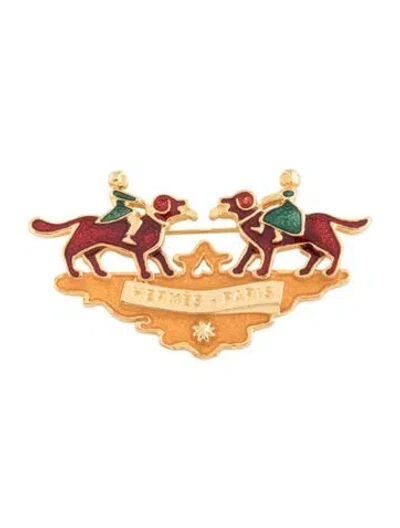 Pre-owned Hermes Vintage Enamel Émaille Cloisonne Ware Brooch In Green/red/yellow
