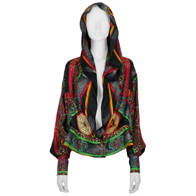 Pre-owned Hermes Vintage Feux D'artifice 150th Anniversary Silk Hooded Blouse In Black