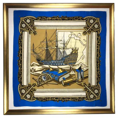 Pre-owned Hermes Vintage Framed  Style Scarf Wall Art, Navy, Gold & Blue Sailboat