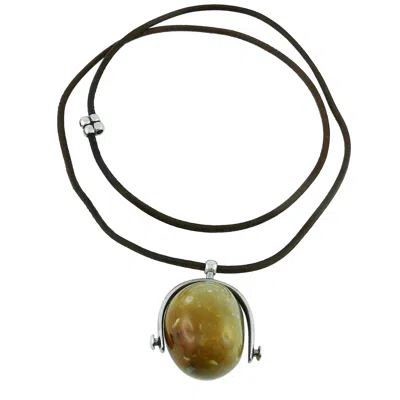Pre-owned Hermes Vintage Hard Stone Pebble And Solid Silver Stirrup Pendant Necklace In Black