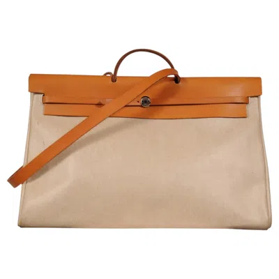 Pre-owned Hermes Vintage Herbag 50 Toile Ecru Natural Tan Leather Shoulder Carry On Duffle In Brown