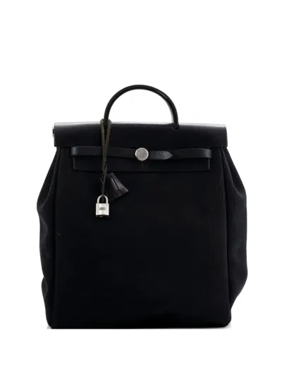 Pre-owned Hermes Vintage Herbag A Dos Toile And Leather Gm Backpack In Black