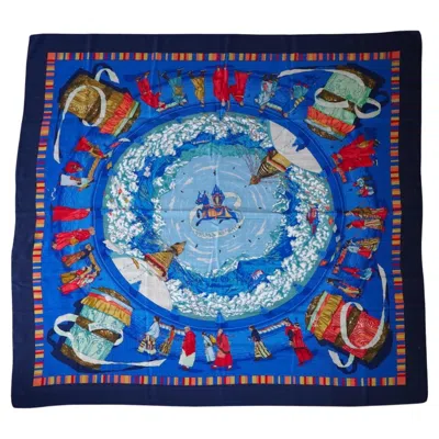 Pre-owned Hermes Vintage Hermès Prières Au Vent Cashmere Blue Silk Shawl