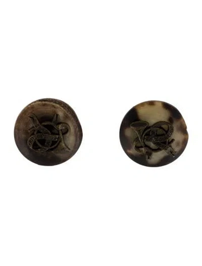 Pre-owned Hermes Vintage Horn Sellier Clip-on Earrings In Brown