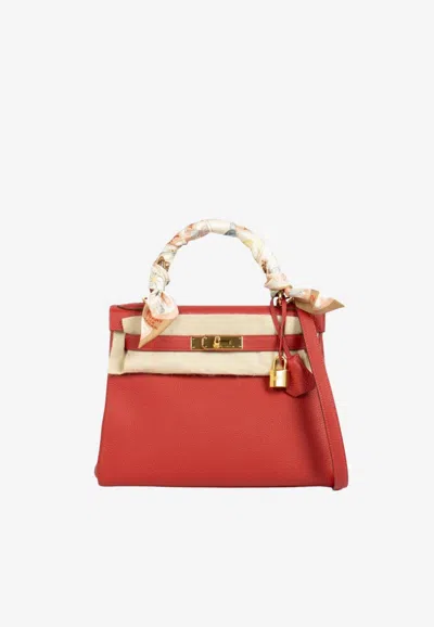 Hermes Vintage Kelly 28 In Rouge Vif Togo Leather With Gold Hardware In Red