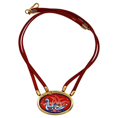 Pre-owned Hermes Vintage Leather & Enamel Medallion Collar Necklace In Multi