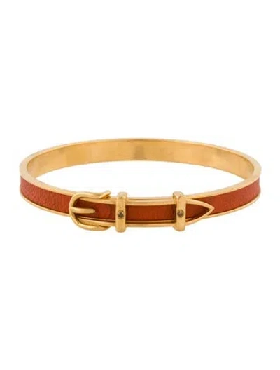 Pre-owned Hermes Vintage Leather Belt Buckle Bangle Bracelet, 7.75" In Orange