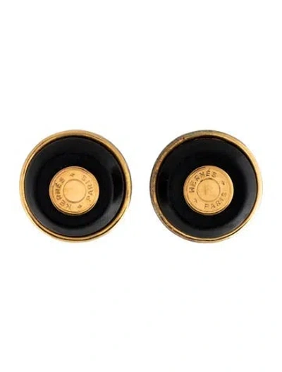 Pre-owned Hermes Vintage Leather Clou De Selle Clip-on Earrings In Black