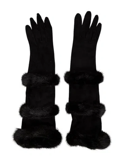 Pre-owned Hermes Vintage Mink-trimmed Suede Long Gloves In Black