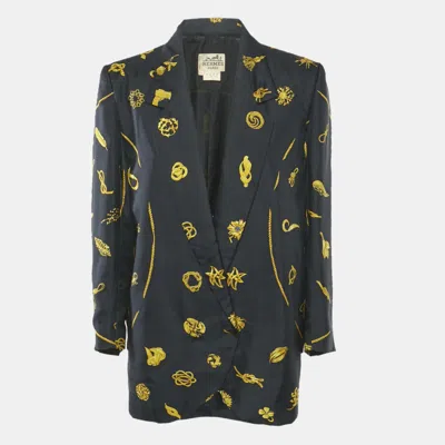 Pre-owned Hermes Hermès Vintage Navy Blue Scarf Print Silk Blazer L