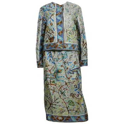 Pre-owned Hermes Vintage "pavement" Silk Print Jacket And Skirt Ensemble In Gray