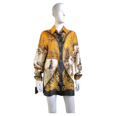 Pre-owned Hermes Hermès - Vintage Philippe Ledoux Silk Shirt "marine Et Cavalerie" Size 38 In Sand