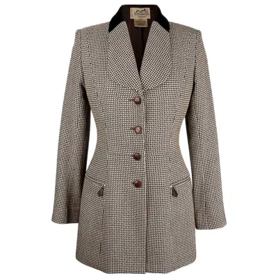 Pre-owned Hermes Vintage Riding Jacket / Blazer Check Leather Buttons Velvet Collar 36 / 4 In Black