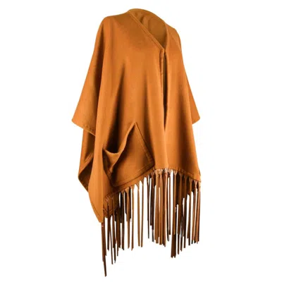 Pre-owned Hermes Vintage Shawl Lush Leather Fringe Cashmere And Wool Poncho In Brown