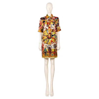 Pre-owned Hermes Hermès Vintage Silk Shirt Dress “kachinas” By Kermit Oliver In Sand