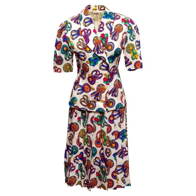 Pre-owned Hermes Vintage White & Multicolor  1993 Silk Prize Ribbon Print Skirt Suit