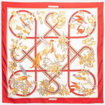 Pre-owned Hermes Vintage White/red Print Silk Caraibes Square Scarf In Cream