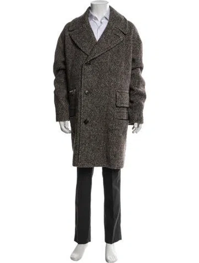 Pre-owned Hermes Virgin Wool Houndstooth Print Overcoat In White