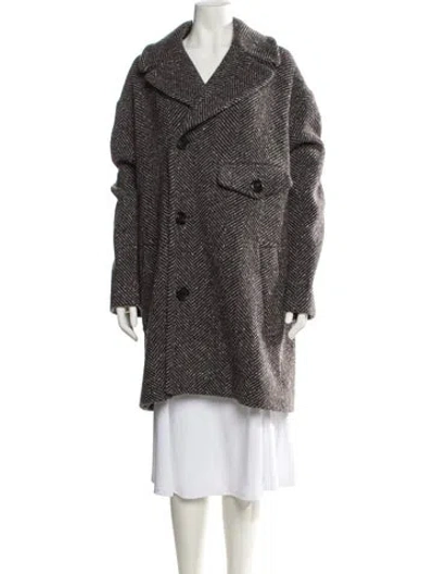 Pre-owned Hermes Virgin Wool Tweed Pattern Faux Fur Coat In Brown