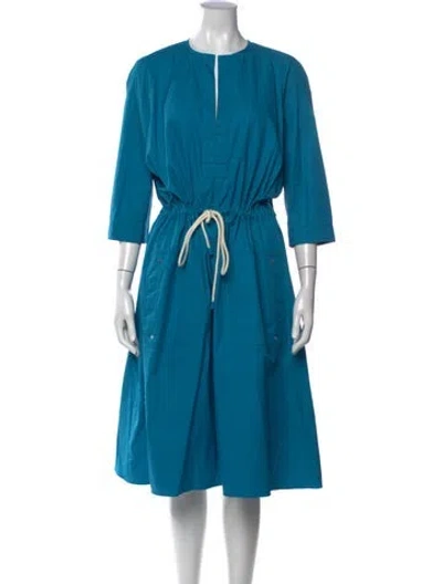 Pre-owned Hermes V-neck Midi Length Dress In Blue