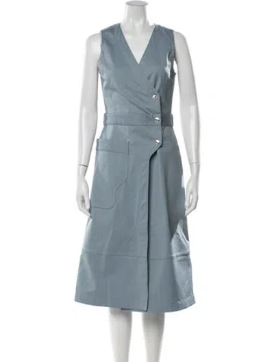 Pre-owned Hermes V-neck Midi Length Dress W/ Tags In Blue