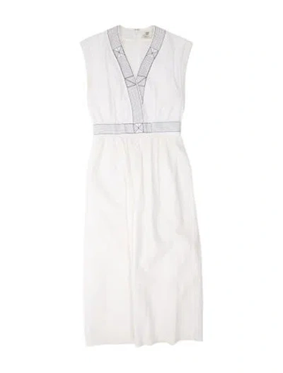 Pre-owned Hermes V-neck Midi Length Dress In White