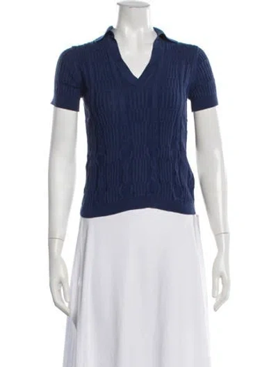 Pre-owned Hermes V-neck Short Sleeve Polo In Blue/white