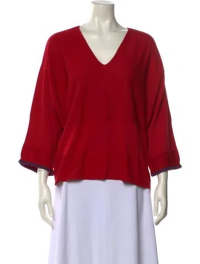Pre-owned Hermes V-neck Three-quarter Sleeve Blouse In Red