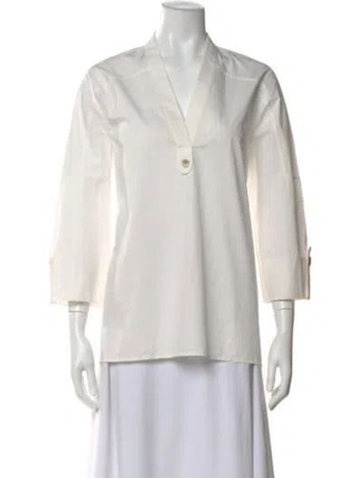 Pre-owned Hermes V-neck Three-quarter Sleeve Blouse In White